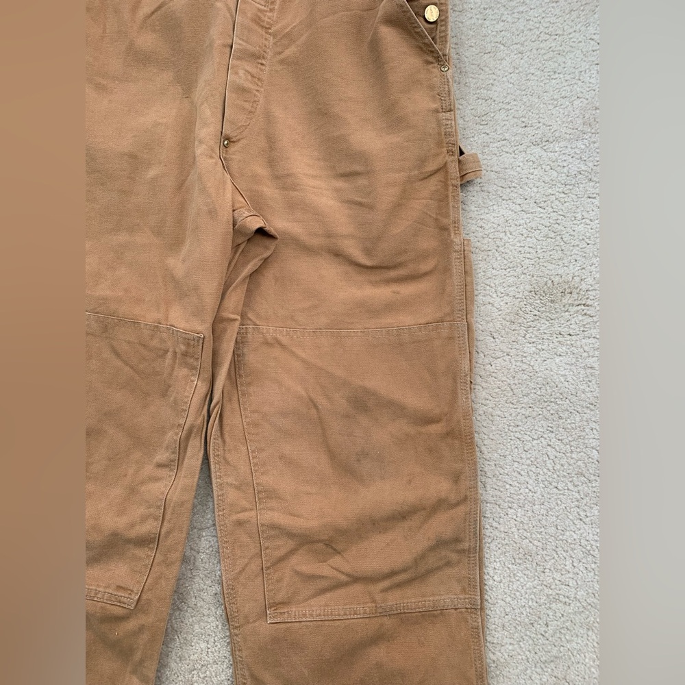 Vintage Carhartt 38x30 Double Knee Overalls Tan Duck Canvas USA Union Made 6FB - Picture 10 of 14